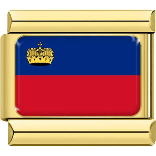 Gold-bordered Italian charm featuring the blue and red flag of Liechtenstein with a golden crown on the upper left corner.